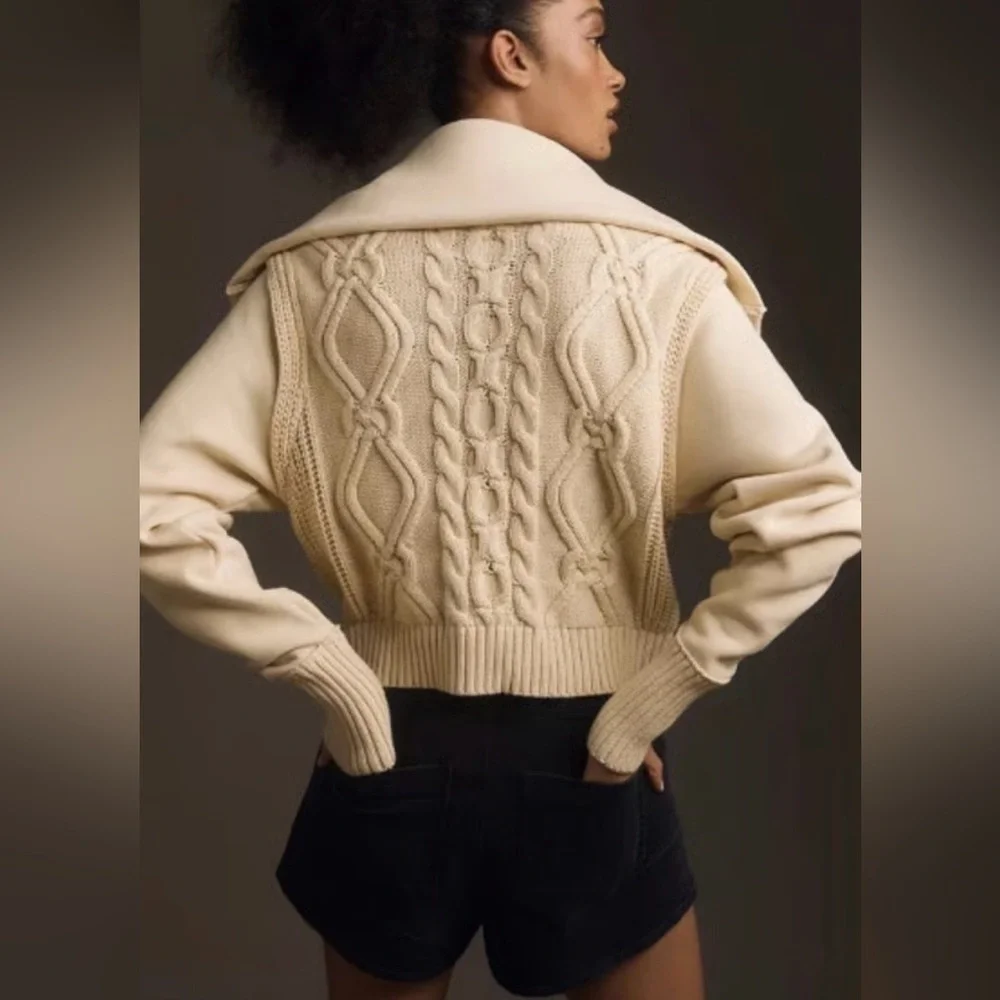ANTHROPOLOGIE Pilcro Cable Laced Twofer Sweater Creme Size Large Neutral Lace up - Picture 9 of 14